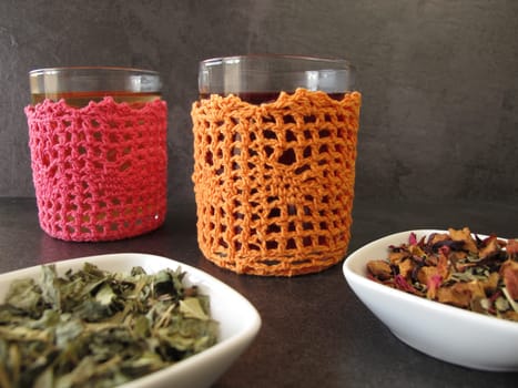 Winter tea in crocheted tea glasses