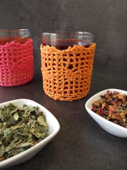 Winter tea in crocheted tea glasses