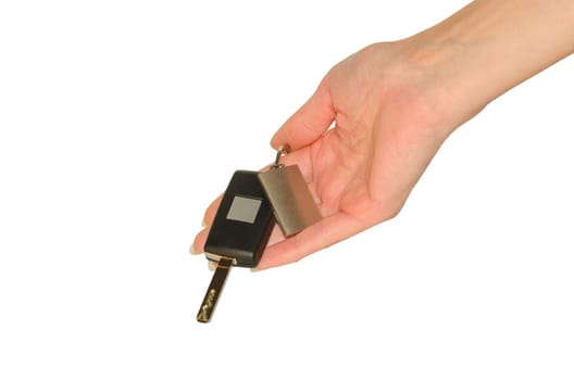 Elegant woman's hand with new car keys and keychain isolated on white