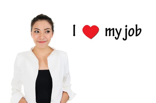 Business woman looking at i love my job word for human resources concept
