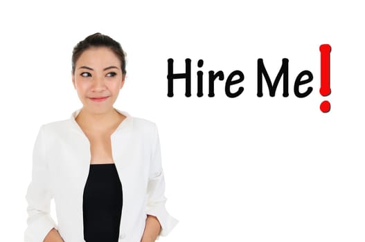 Business woman looking at hire me word for human resources management concept