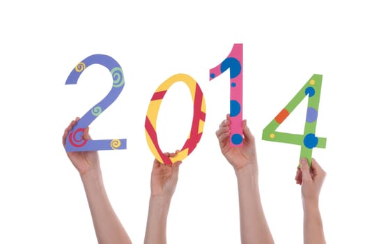 Many Hands Holding a Colorful 2014, Isolated
