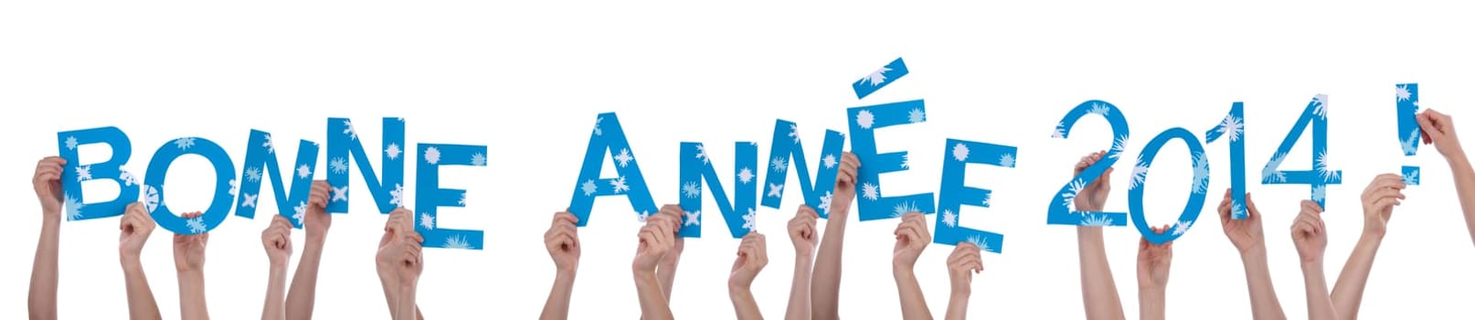 Many Hands Holding the French Words Bonne Annee 2014 Which Means Happy New Year 2014, Isolated