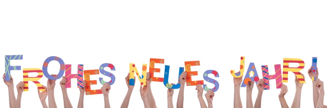 Many Hands Holding the Colorful German Words Frohes Neues Jahr, Which Means Happy New Year, Isolated