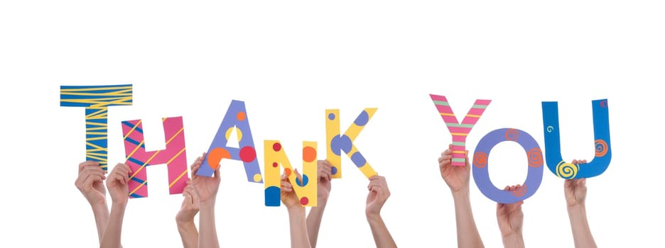Many Hands Holding a Colorful Thank You, Isolated