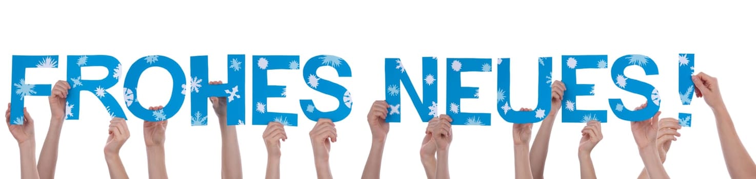 Many People Holding the German Words Frohes Neues Which Means Happy New Year, Isolated