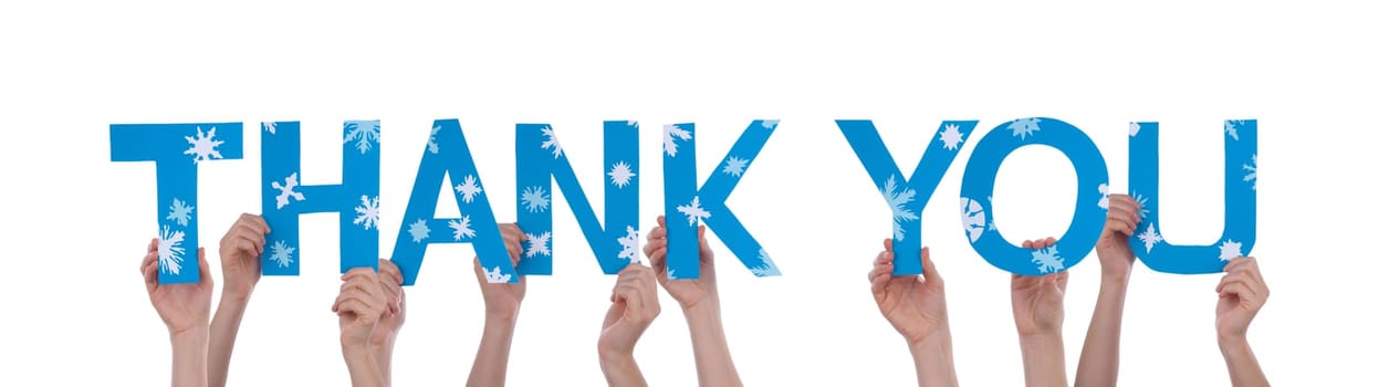 Many Hands Holding the Words Thank You With Snowflakes and in Blue, Isolated