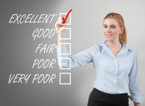 businesswoman take survey on glass board, grey background