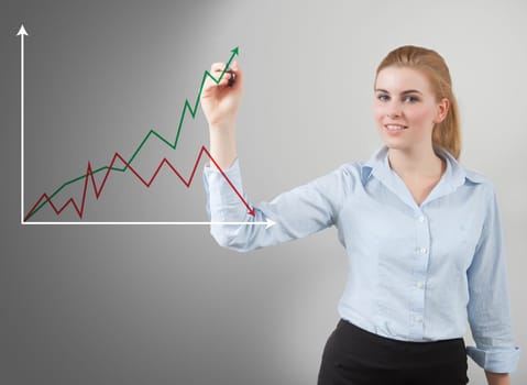 Handwritten chart by businesswoman on glass
