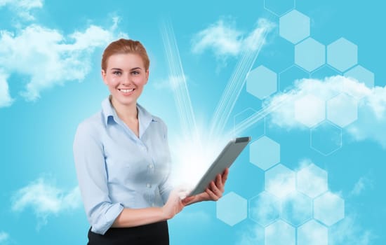 Businesswoman works with cloud computer holding tablet
