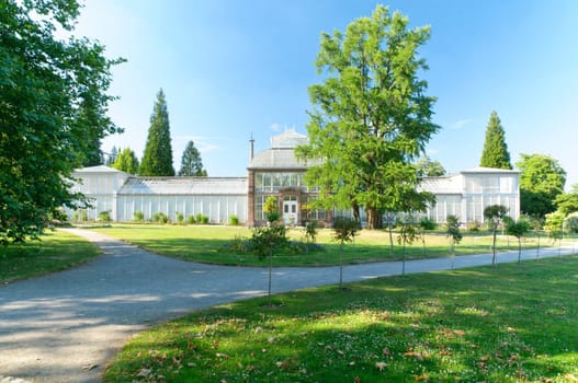 The large greenhouse stands immediately west of the Ballhaus. It is one of the first steel-glass constructions ever and was built in 1822 according to plans by Bromeis. In 1887,the originally round central building was replaced by a cubic palm house. Today it can be visited from October to May.