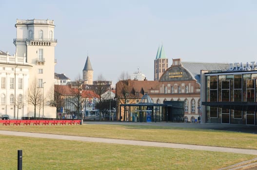 View from the theatre forecourt to the city centre,on the left Fridericianum with Zwehrenturm,the medieval Druselturm,the twin towers of St. Martin's Church,Ottoneum Natural History Museum and State Theatre