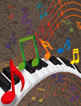 Wavy Abstract Piano 3D Keyboard with Rainbow Colors Dancing Music Notes Textured Background Illustration