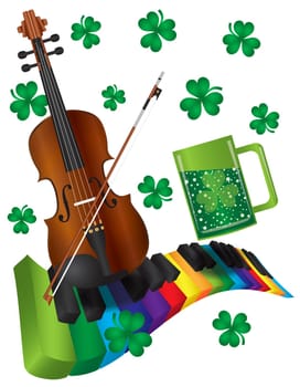 St Patricks Day with Rainbow Colors Piano Wavy Keyboard Violin Shamrock and Green Beer Isolated on White Background Illustration