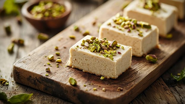 Closeup of delicious Sesame halva with pistachios on a wooden table..