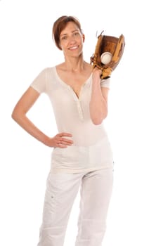 Adult woman with baseball glove and white sportswear against a white background