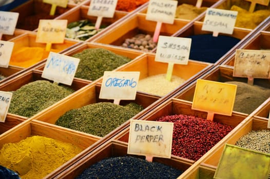 Variety of spices in the store