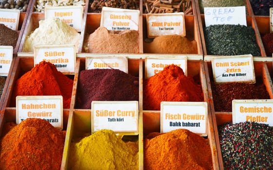 Variety of spices in the store