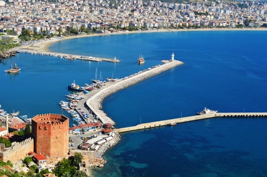 View of Alanya harbor form Alanya peninsula. Turkish Riviera