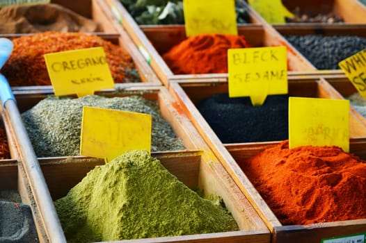 Variety of spices in the store