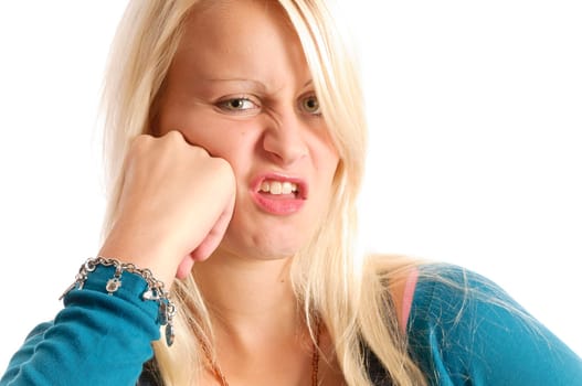 Cute blonde girl with long hair in different poses against a white background
