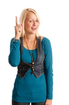 Cute blonde girl with long hair in different poses against a white background