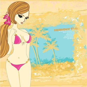 Grunge banner with palm trees and sexy girl
