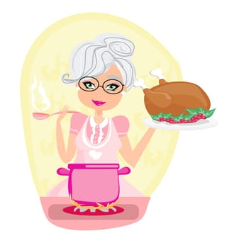 grandmother cooking soup and serving chicken