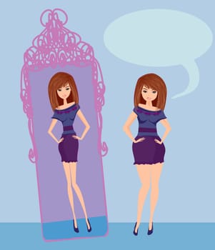 Full lady enjoys her slim reflection