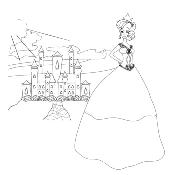 Beautiful young princess in front of her castle - doodle illustration