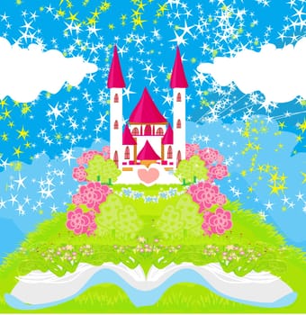 Magic world of tales, fairy castle appearing from the book
