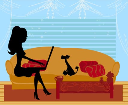 Online shopping - young smiling woman sitting with laptop computer