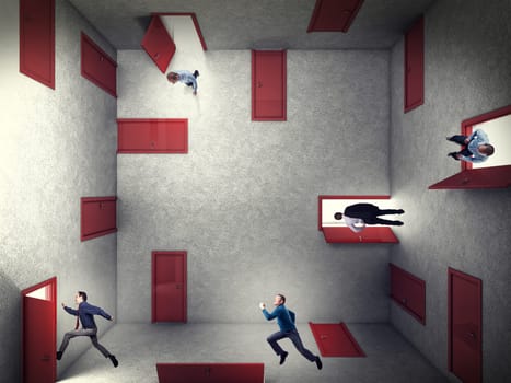 business people and 3d abstract doors construction