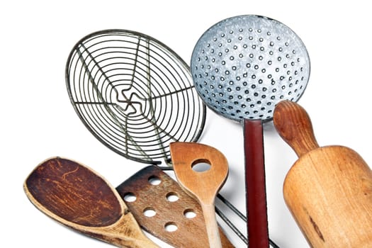 Old rolling pin and wooden spoons