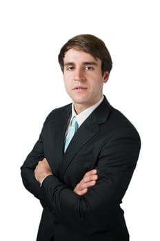 Waist up a young man in a black suit and looking interlock arms against white background within the camera.