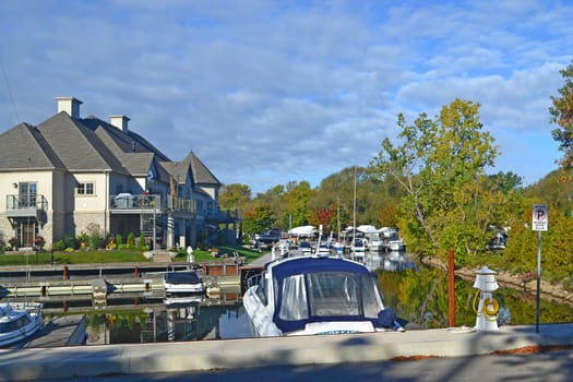 A picture of a yacht marina in Hamilton, Ontario, Canada with a new.subdivision in the back, under sunshine in the fall..