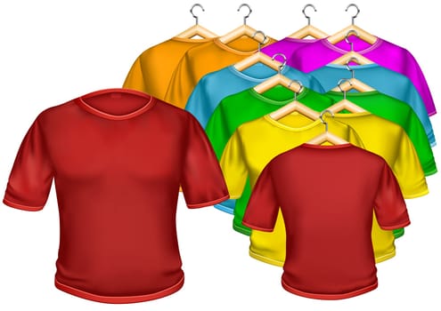 The multicolored t-shirt isolated on the white background, for your creativity