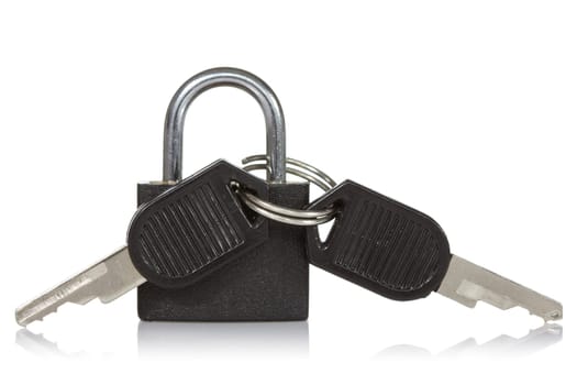 Black padlock with a keys, isolated on white background