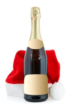 Champagne bottle and hat of Santa on the white background