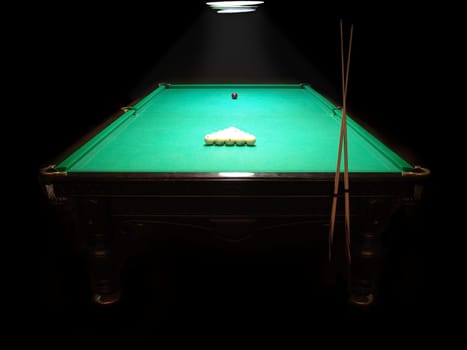 The russian billiard table with a cue and balls on a dark background