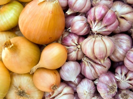 Agricultural background, a pile of beautiful bulb onions and garlic
