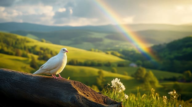 A white dove perched on a colorful rainbow over rolling green hills . peaceful concept..