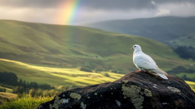 A white dove perched on a colorful rainbow over rolling green hills . peaceful concept..