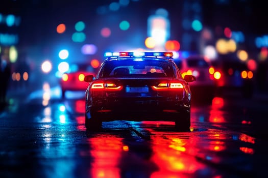 Blurred background of police flashing lights at the crime scene..