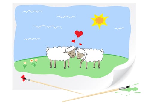 Two enamoured sheep are drawn on a paper by a brush