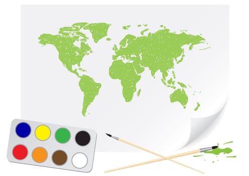 Drawing green map with brush on the white paper