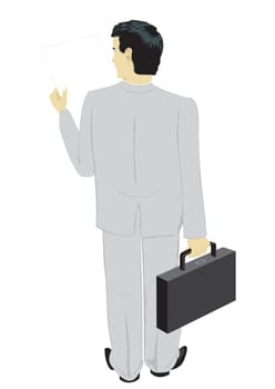 The reading businessman, the rear view, on white background