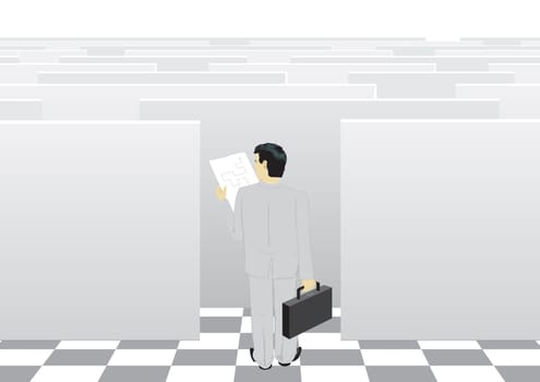 The businessman passes through a labyrinth to success