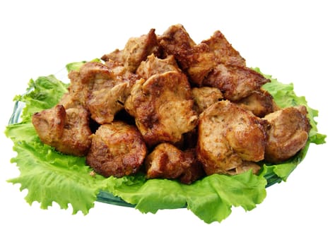 The shish kebab and greengrocery isolated on the white background