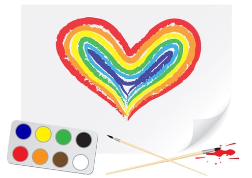 Children drawing of a rainbow heart a brush paints on a paper